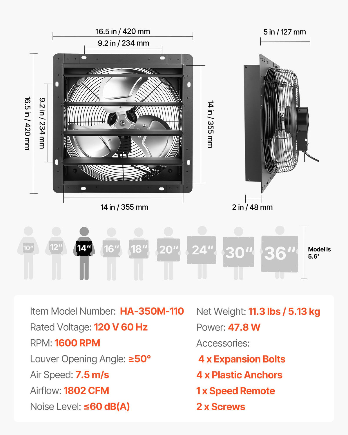 VEVOR 14 in Shutter Exhaust Fan Wall-Mount Automatic Louvers Variable Speed, Sturdy Steel Housing, Low Noise, AC Motor, 1802 CFM Ventilation and Cooling for Attic, Garage, Barn, Greenhouse, Workshop - BYCSPQSMZKACQHV4J001V1 - view 8