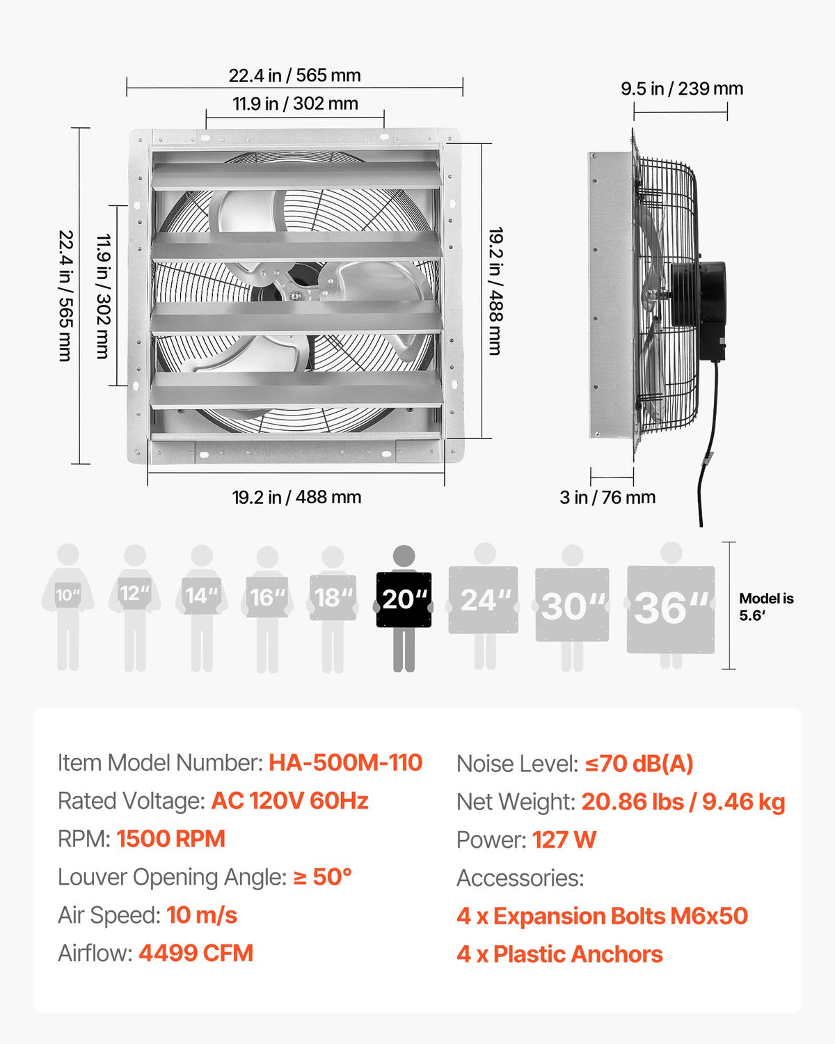 VEVOR 20 Inch Shutter Exhaust Fan Wall Mounted Automatic Louvers Silver, Sturdy Steel Housing, Low Noise, AC Motor, 4499 CFM Ventilation and Cooling for Attic, Garage, Barn, Greenhouse, Workshop - BYCSPQSMZKACS2DHI001V1 - view 8