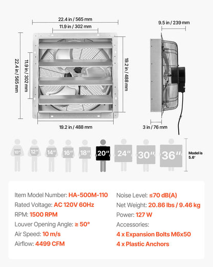 VEVOR 20 Inch Shutter Exhaust Fan Wall Mounted Automatic Louvers Silver, Sturdy Steel Housing, Low Noise, AC Motor, 4499 CFM Ventilation and Cooling for Attic, Garage, Barn, Greenhouse, Workshop - BYCSPQSMZKACS2DHI001V1 - view 8