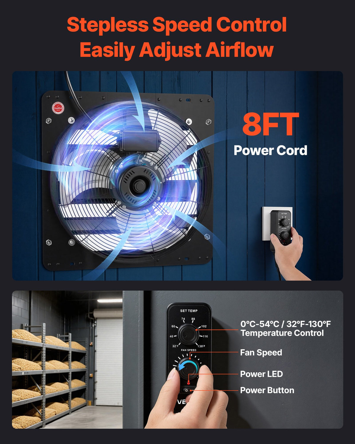 VEVOR 18 inch Shutter Exhaust Fan Wall-Mount Variable Speed Temperature, Automatic Louvers Sturdy Steel Housing, Low Noise, Ventilation and Cooling for Attic, Garage, Barn, Greenhouse, Workshop - BYCSPQSMZKACSJ45R001V1 - view 7