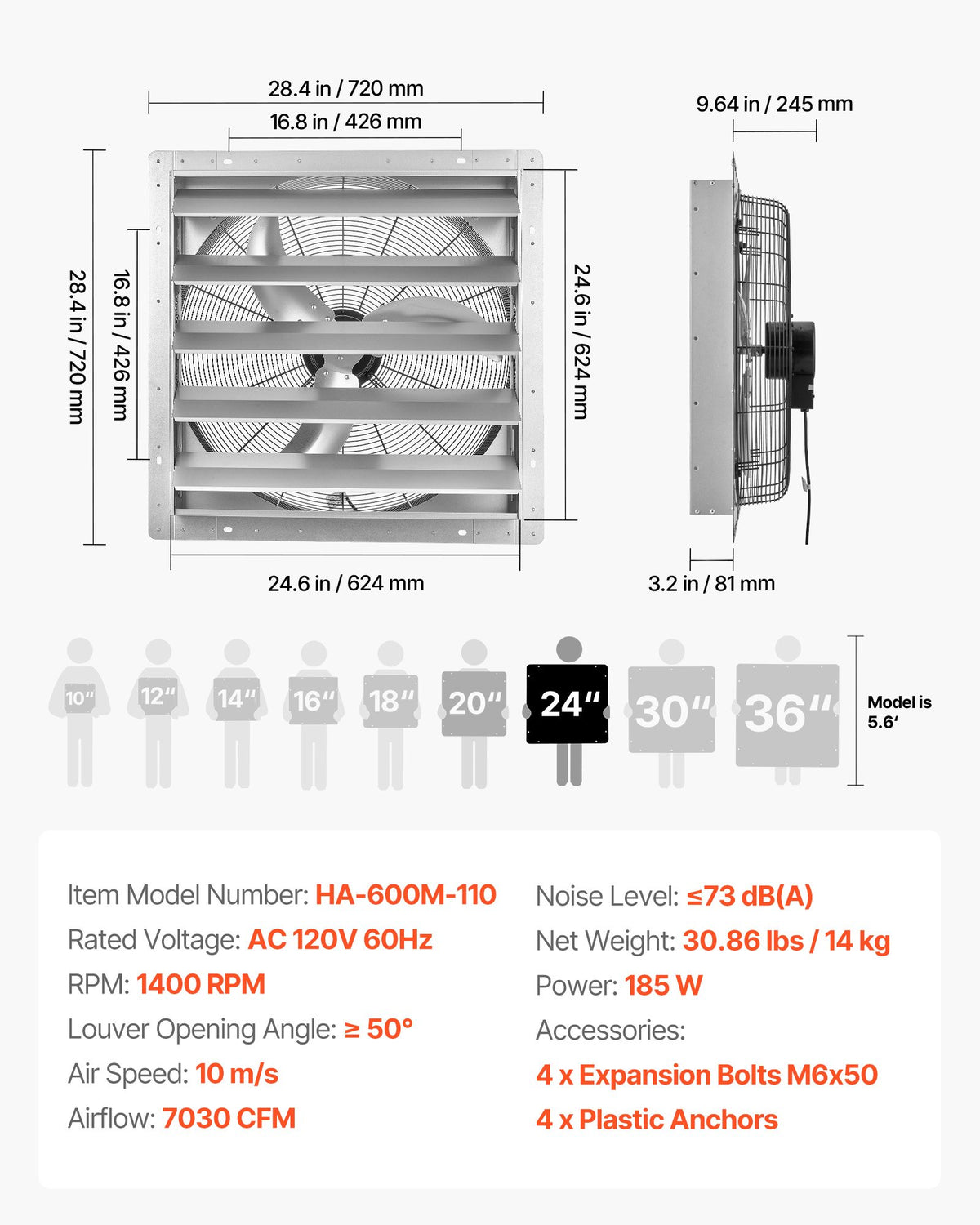 VEVOR 24 Inch Shutter Exhaust Fan Wall Mounted Automatic Louvers Silver, Sturdy Steel Housing, Low Noise, AC Motor, 7030 CFM Ventilation and Cooling for Attic, Garage, Barn, Greenhouse, Workshop - BYCSPQSMZKACSZLY5001V1 - view 8