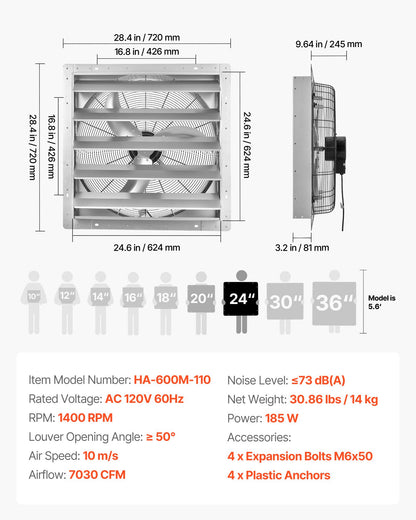 VEVOR 24 Inch Shutter Exhaust Fan Wall Mounted Automatic Louvers Silver, Sturdy Steel Housing, Low Noise, AC Motor, 7030 CFM Ventilation and Cooling for Attic, Garage, Barn, Greenhouse, Workshop - BYCSPQSMZKACSZLY5001V1 - view 8