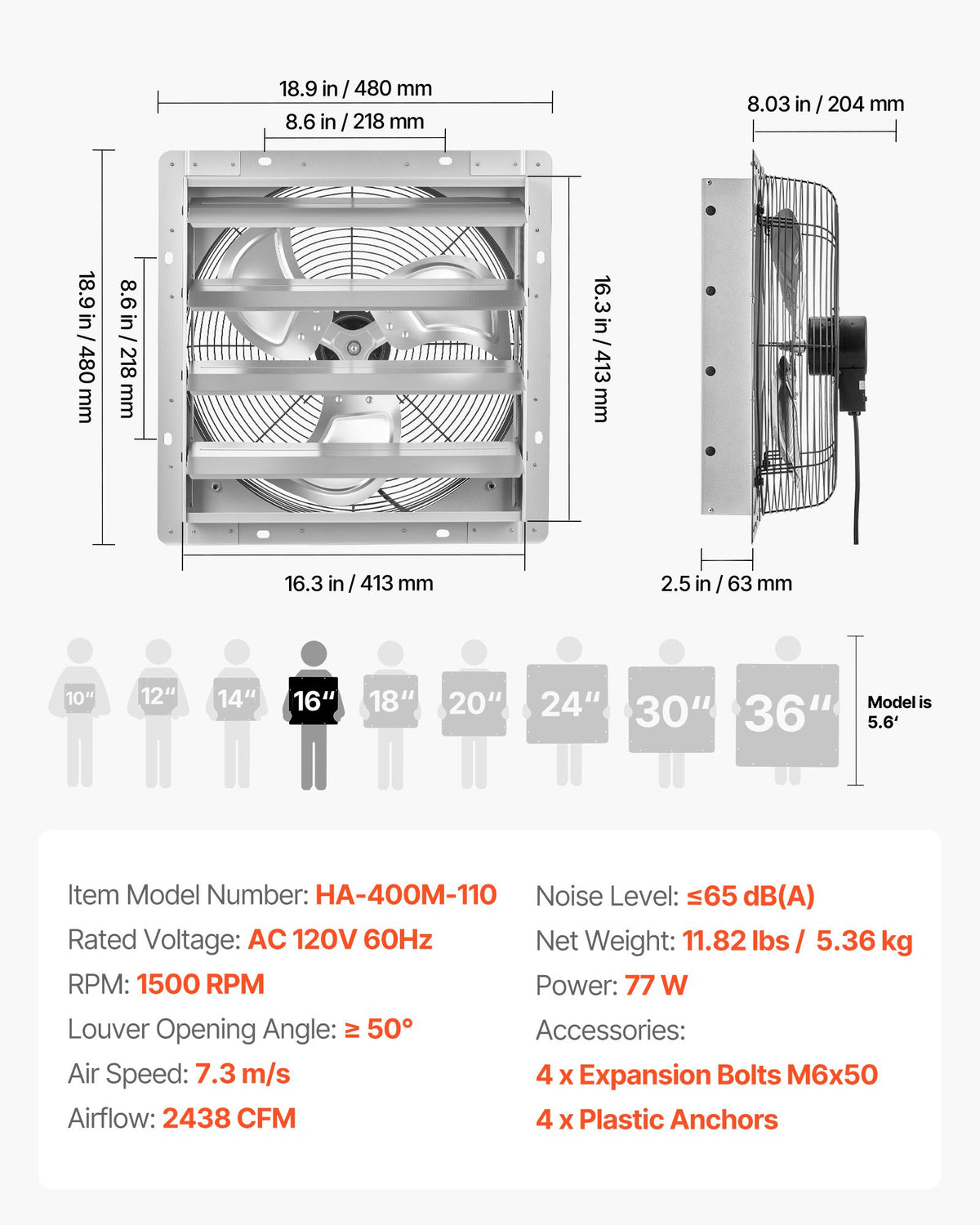 VEVOR 16 Inch Shutter Exhaust Fan Wall Mounted Automatic Louvers Silver, Sturdy Steel Housing, 2438 CFM Low Noise, AC Motor, Ventilation and Cooling for Attic, Garage, Barn, Greenhouse, Workshop - BYCSPQSMZKACT3GCP001V1 - view 8