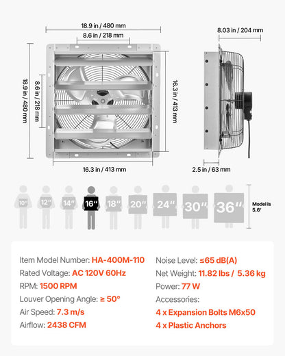 VEVOR 16 Inch Shutter Exhaust Fan Wall Mounted Automatic Louvers Silver, Sturdy Steel Housing, 2438 CFM Low Noise, AC Motor, Ventilation and Cooling for Attic, Garage, Barn, Greenhouse, Workshop - BYCSPQSMZKACT3GCP001V1 - view 8