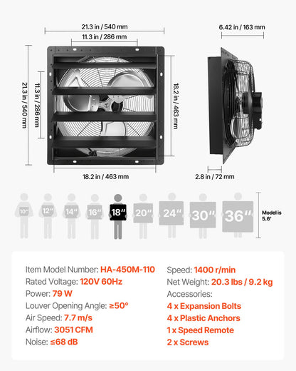 VEVOR 18 in Shutter Exhaust Fan Wall-Mount Automatic Louvers Variable Speed, Sturdy Steel Housing, Low Noise, AC Motor, 3051 CFM Ventilation and Cooling for Attic, Garage, Barn, Greenhouse, Workshop - BYCSPQSMZKACWEUWE001V1 - view 8