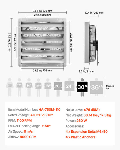 VEVOR 30 Inch Shutter Exhaust Fan Wall Mounted Automatic Louvers Silver, Sturdy Steel Housing, Low Noise, AC Motor, 8099 CFM Ventilation and Cooling for Attic, Garage, Barn, Greenhouse, Workshop - BYCSPQSMZKACZ6SKF001V1 - view 8