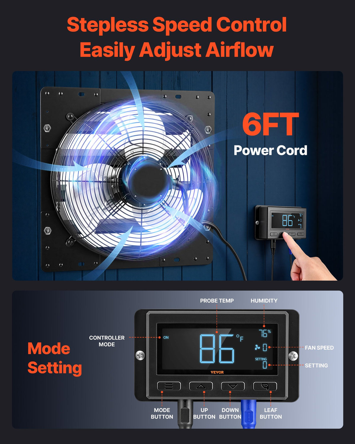VEVOR 14 Inch Shutter Exhaust Fan Wall Mounted Automatic Louvers EC Motor, Steel Housing, Temperature & Humidity Controller, Ventilation & Cooling for Attic, Garage, Barn, Greenhouse, Workshop, Black - BYCSPQSMZKECBQUYN001V1 - view 7