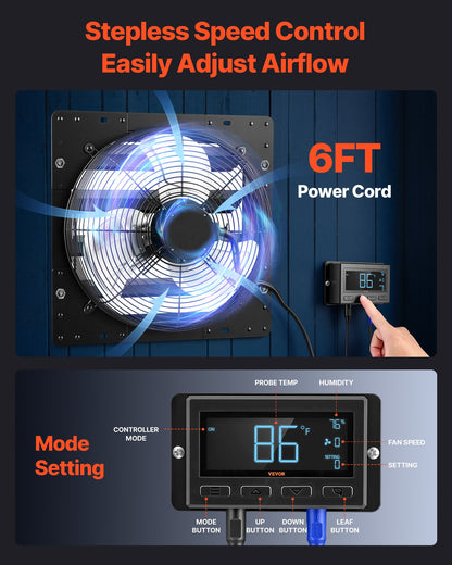 VEVOR 14 Inch Shutter Exhaust Fan Wall Mounted Automatic Louvers EC Motor, Steel Housing, Temperature & Humidity Controller, Ventilation & Cooling for Attic, Garage, Barn, Greenhouse, Workshop, Black - BYCSPQSMZKECBQUYN001V1 - view 7