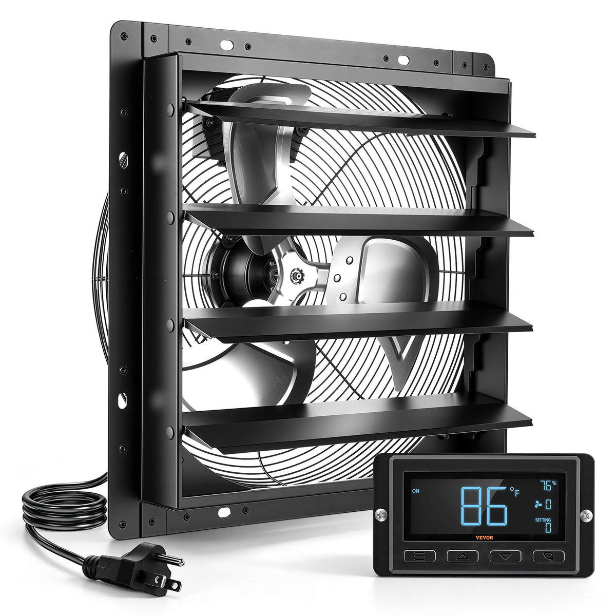 VEVOR 16 Inch Shutter Exhaust Fan Wall Mounted Automatic Louvers EC Motor, Steel Housing, Temperature & Humidity Controller, Ventilation & Cooling for Attic, Garage, Barn, Greenhouse, Workshop, Black - BYCSPQSMZKECFDH69001V1 - view 1