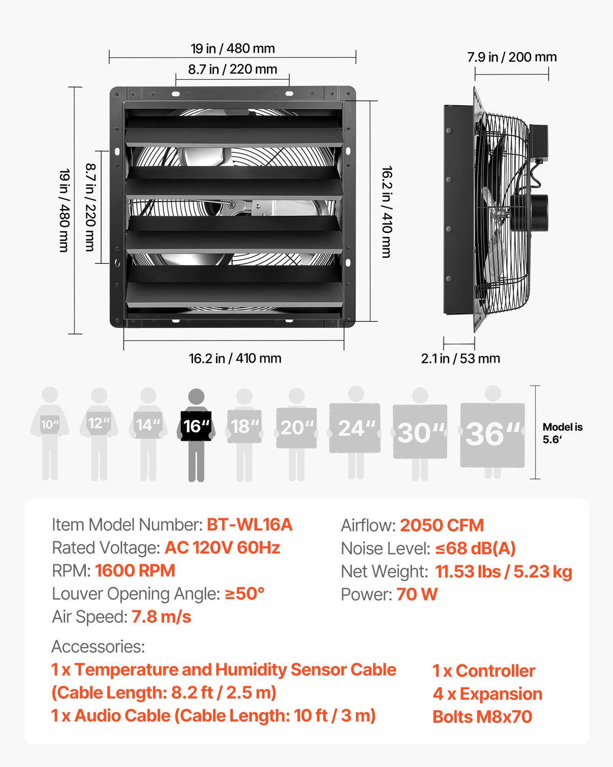 VEVOR 16 Inch Shutter Exhaust Fan Wall Mounted Automatic Louvers EC Motor, Steel Housing, Temperature & Humidity Controller, Ventilation & Cooling for Attic, Garage, Barn, Greenhouse, Workshop, Black - BYCSPQSMZKECFDH69001V1 - view 8
