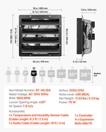 VEVOR 16 Inch Shutter Exhaust Fan Wall Mounted Automatic Louvers EC Motor, Steel Housing, Temperature & Humidity Controller, Ventilation & Cooling for Attic, Garage, Barn, Greenhouse, Workshop, Black - BYCSPQSMZKECFDH69001V1 - view 8