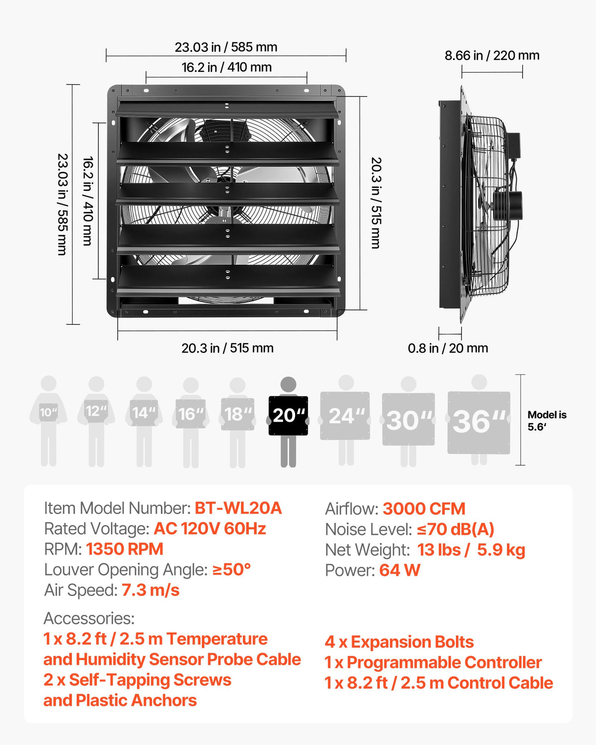 VEVOR 20 Inch Shutter Exhaust Fan Wall Mounted Automatic Louvers EC Motor, Steel Housing, Temperature & Humidity Controller, Ventilation & Cooling for Attic, Garage, Barn, Greenhouse, Workshop, Black - BYCSPQSMZKECLWENZ001V1 - view 8