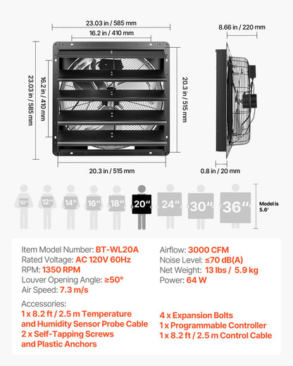 VEVOR 20 Inch Shutter Exhaust Fan Wall Mounted Automatic Louvers EC Motor, Steel Housing, Temperature & Humidity Controller, Ventilation & Cooling for Attic, Garage, Barn, Greenhouse, Workshop, Black - BYCSPQSMZKECLWENZ001V1 - view 8