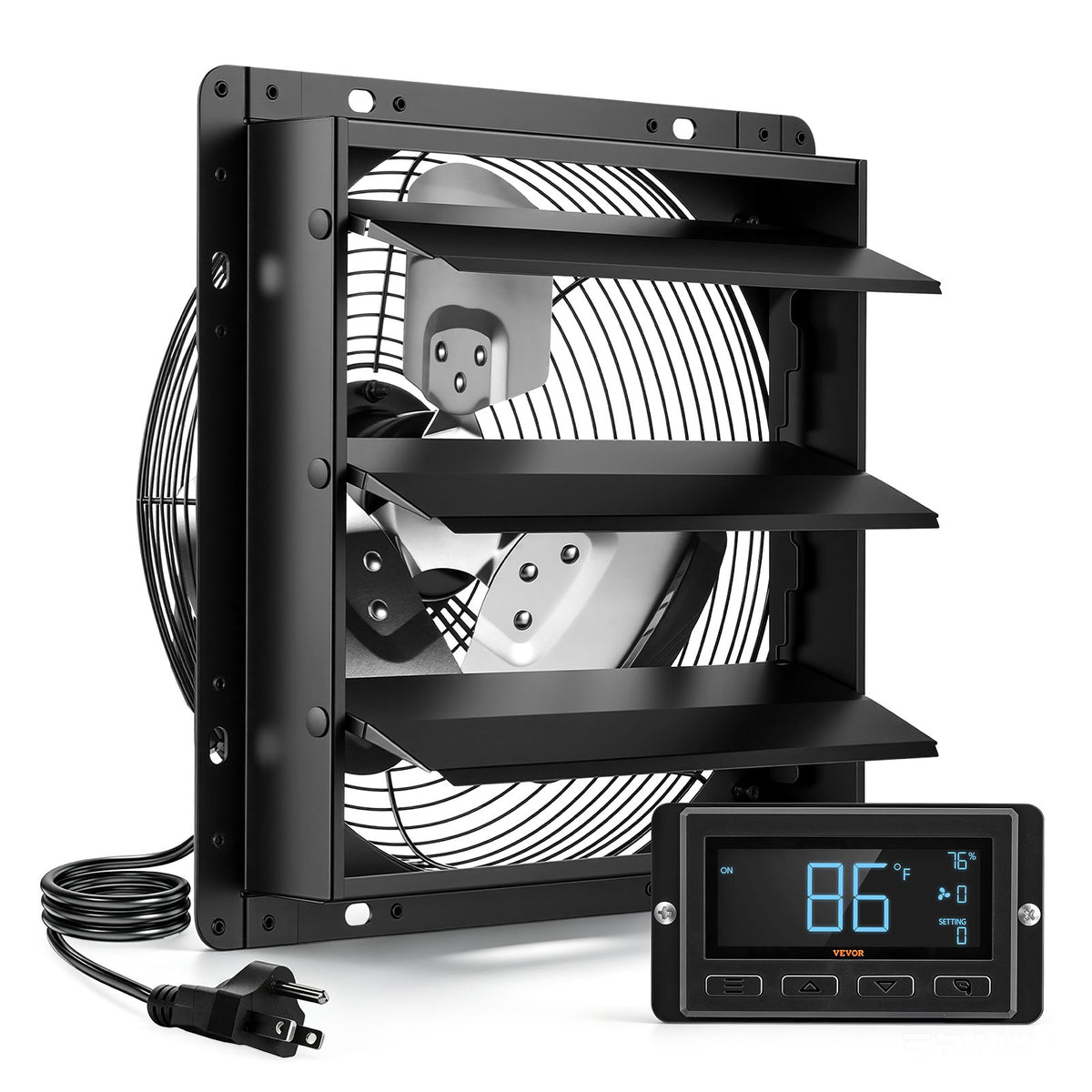 VEVOR 12 Inch Shutter Exhaust Fan Wall Mounted Automatic Louvers EC Motor, Steel Housing, Temperature & Humidity Controller, Ventilation & Cooling for Attic, Garage, Barn, Greenhouse, Workshop, Black - BYCSPQSMZKECOJ23P001V1 - view 1