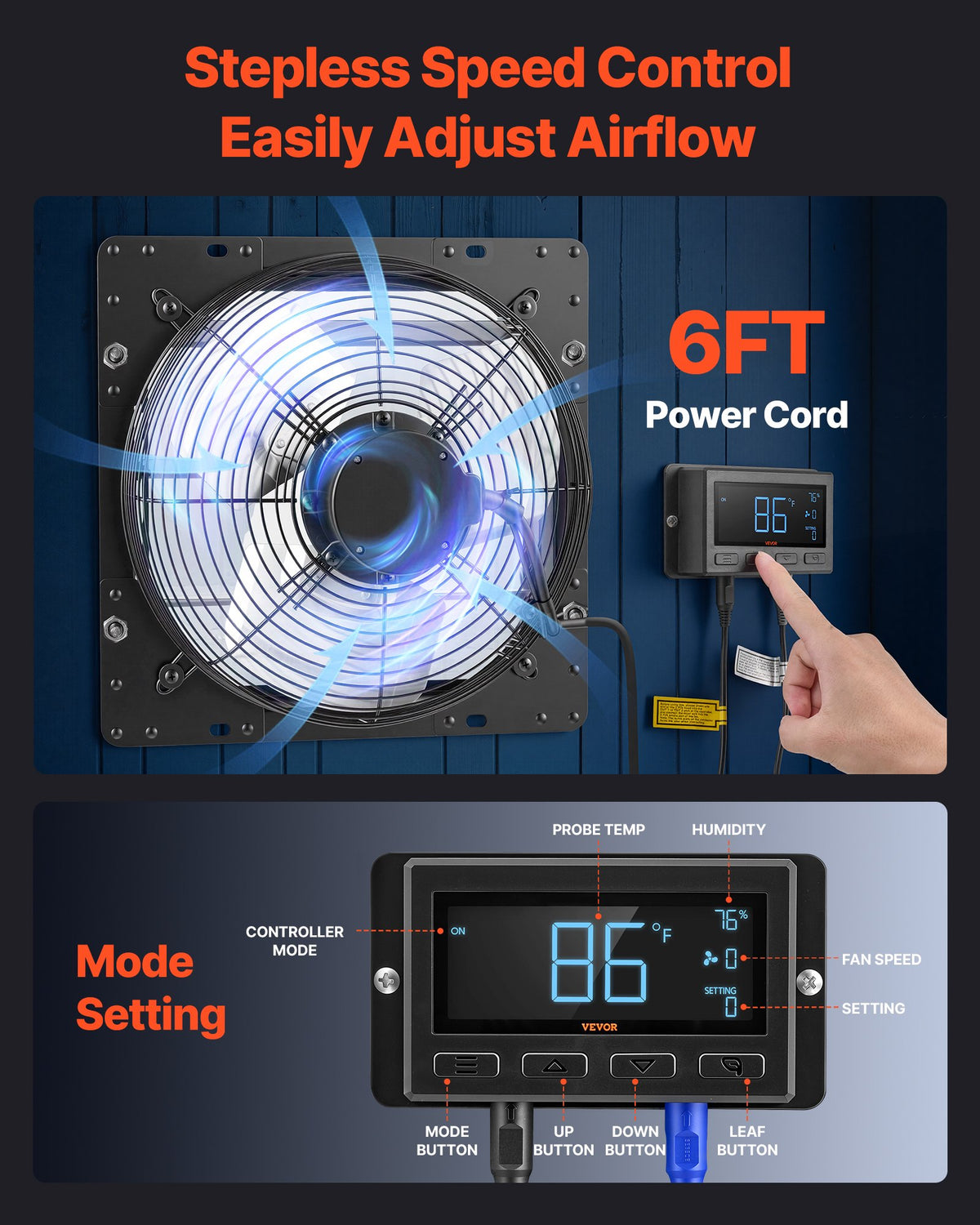 VEVOR 12 Inch Shutter Exhaust Fan Wall Mounted Automatic Louvers EC Motor, Steel Housing, Temperature & Humidity Controller, Ventilation & Cooling for Attic, Garage, Barn, Greenhouse, Workshop, Black - BYCSPQSMZKECOJ23P001V1 - view 7