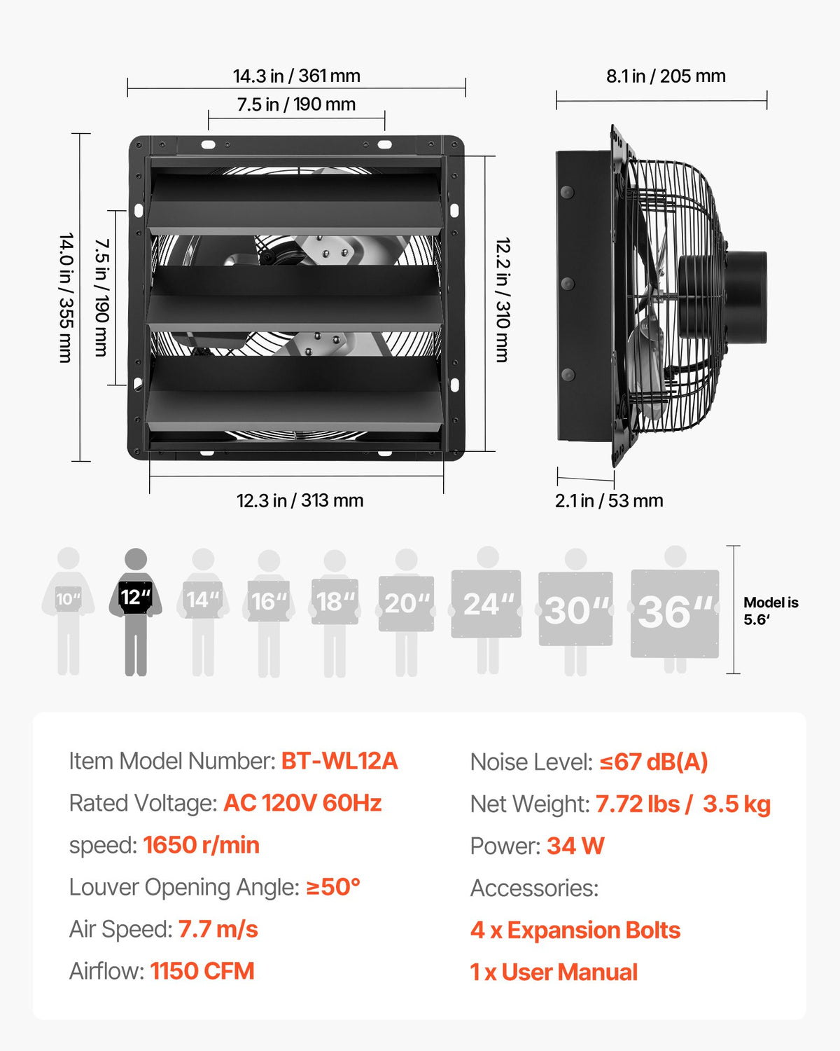 VEVOR 12 Inch Shutter Exhaust Fan Wall Mounted Automatic Louvers EC Motor, Steel Housing, Temperature & Humidity Controller, Ventilation & Cooling for Attic, Garage, Barn, Greenhouse, Workshop, Black - BYCSPQSMZKECOJ23P001V1 - view 8