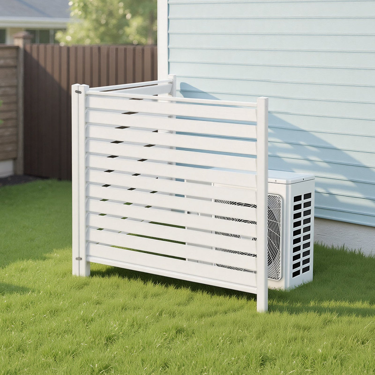 VEVOR 2 Panels Outdoor Privacy Screen, 48 x 48 in Air Conditioner Fence with 19.7 in Ground Stakes, Pool Equipment Enclosure, Louvered Vinyl Privacy Fence, Ideal for Trash Can and A/C Units, White - BYCYXJWLMBBSJC4ZS001V0 - view 9