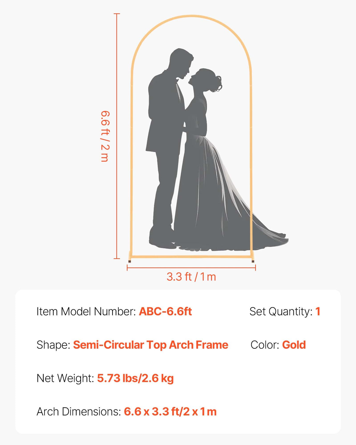 VEVOR Arch Backdrop Stand, 6.6 x 3.3 ft, Stable Structure, Easy Assembly, 1 Piece Gold Metal Arch Backdrop Stand for Wedding, Birthday Party, Graduation, Holiday Celebration, and Ceremony Decoration - BYDGMJDJT66FVMQ73001V0 - view 8