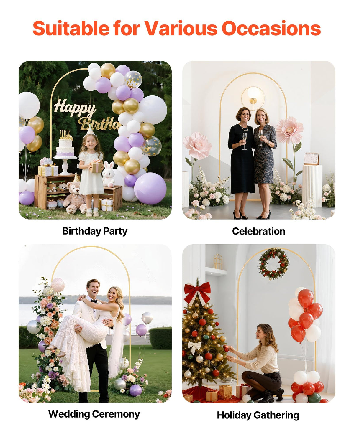 VEVOR Arch Backdrop Stand, 7.2 x 4 ft, Stable Structure, Easy Assembly, 1 Piece Gold Metal Arch Backdrop Stand for Wedding, Birthday Party, Graduation, Holiday Celebration, and Ceremony Decoration - BYDGMJDJT72FCTPRA001V0 - view 7