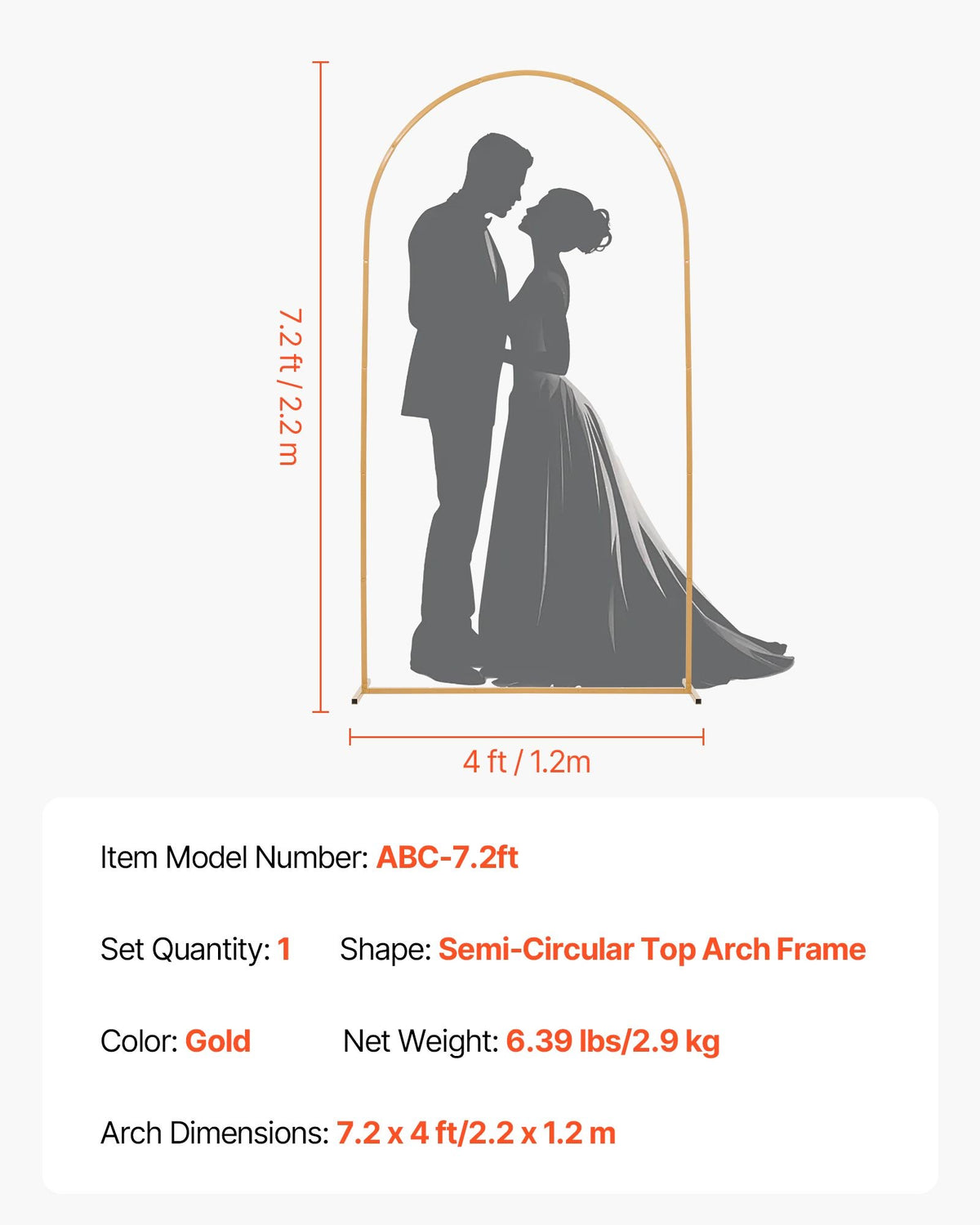 VEVOR Arch Backdrop Stand, 7.2 x 4 ft, Stable Structure, Easy Assembly, 1 Piece Gold Metal Arch Backdrop Stand for Wedding, Birthday Party, Graduation, Holiday Celebration, and Ceremony Decoration - BYDGMJDJT72FCTPRA001V0 - view 8