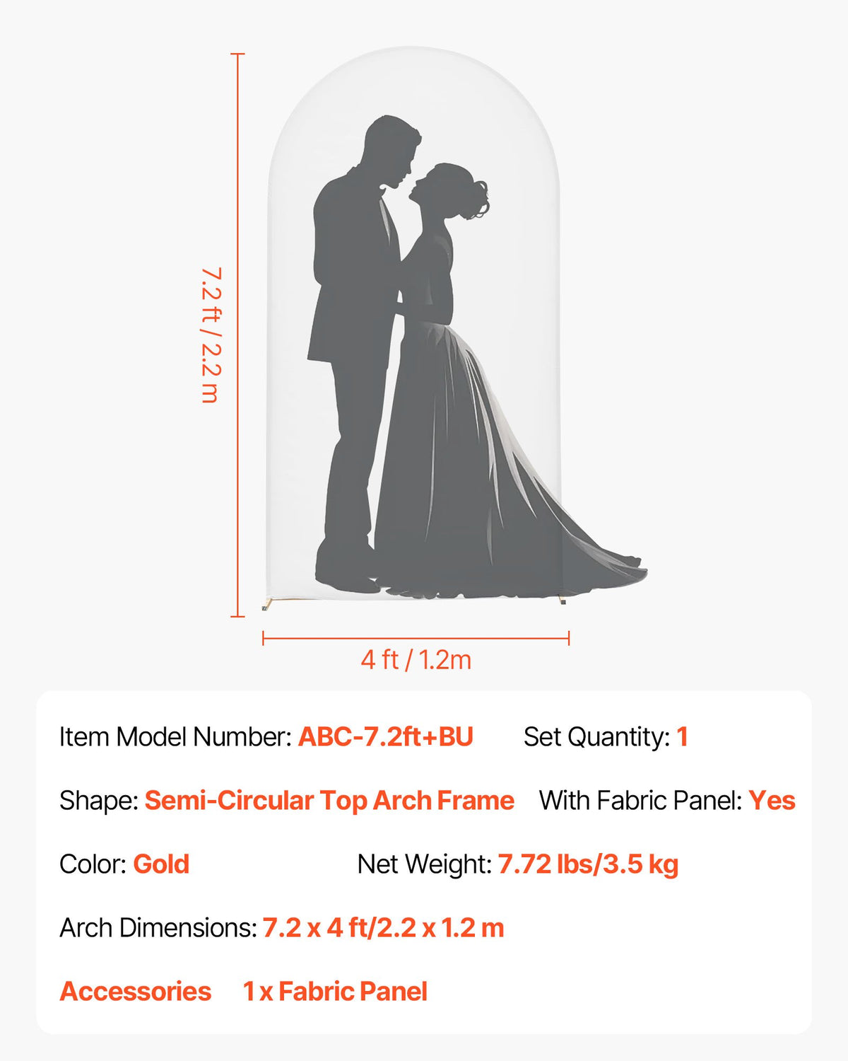 VEVOR Arch Backdrop Stand, 7.2 x 4 ft, Stable Structure, Easy Assembly, 1 Piece Gold Metal Arch Backdrop Stand with Cover for Wedding, Birthday Party, Holiday Celebration, and Ceremony Decoration - BYDGMJDJTDBZ4I7F2001V0 - view 8