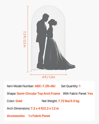 VEVOR Arch Backdrop Stand, 7.2 x 4 ft, Stable Structure, Easy Assembly, 1 Piece Gold Metal Arch Backdrop Stand with Cover for Wedding, Birthday Party, Holiday Celebration, and Ceremony Decoration - BYDGMJDJTDBZ4I7F2001V0 - view 8