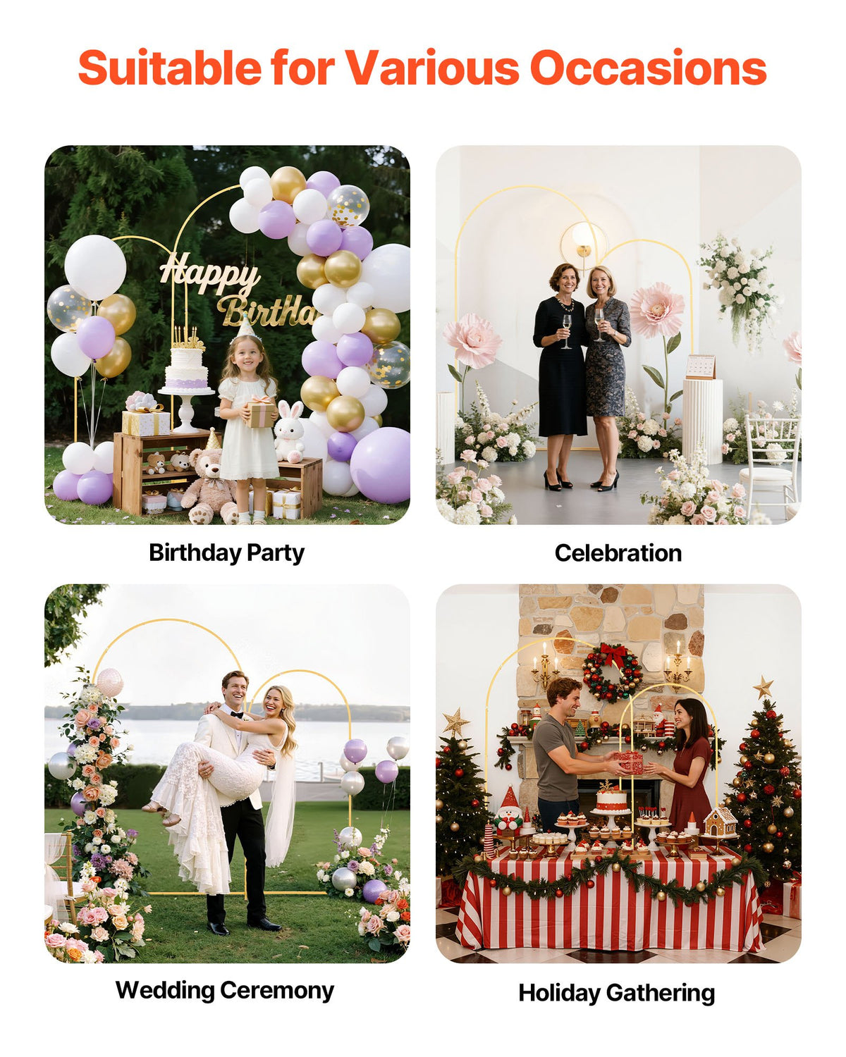 VEVOR Arch Backdrop Stand, Set of 2, 7.2 ft and 6 ft, Stable Structure, Easy Assembly, Gold Metal Arch Backdrop Stand for Wedding, Birthday Party, Graduation, Celebration, and Ceremony Decoration - BYDGMJLJT72FB97K8001V0 - view 7
