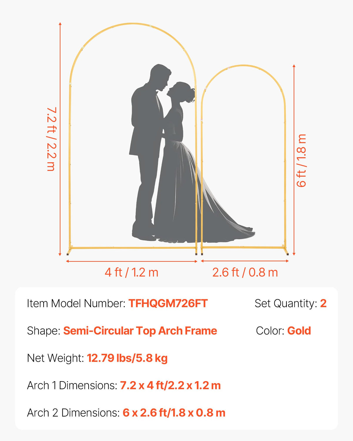 VEVOR Arch Backdrop Stand, Set of 2, 7.2 ft and 6 ft, Stable Structure, Easy Assembly, Gold Metal Arch Backdrop Stand for Wedding, Birthday Party, Graduation, Celebration, and Ceremony Decoration - BYDGMJLJT72FB97K8001V0 - view 8