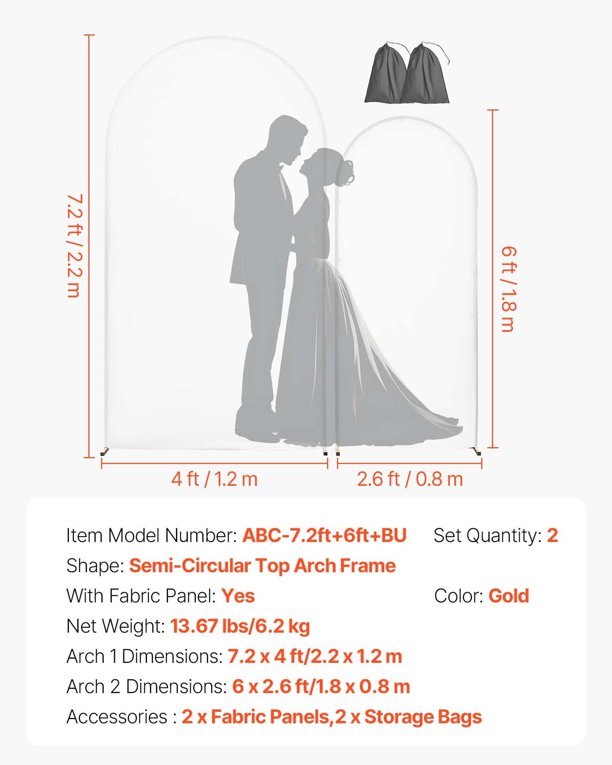 VEVOR Arch Backdrop Stand, Set of 2, 7.2 ft and 6 ft, Stable Structure, Easy Assembly, Gold Metal Arch Backdrop Stand with Cover for Wedding, Birthday Party, Celebration, and Ceremony Decoration - BYDGMJLJTDBZ1SEAH001V0 - view 8