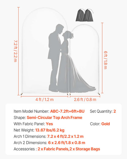 VEVOR Arch Backdrop Stand, Set of 2, 7.2 ft and 6 ft, Stable Structure, Easy Assembly, Gold Metal Arch Backdrop Stand with Cover for Wedding, Birthday Party, Celebration, and Ceremony Decoration - BYDGMJLJTDBZ1SEAH001V0 - view 8