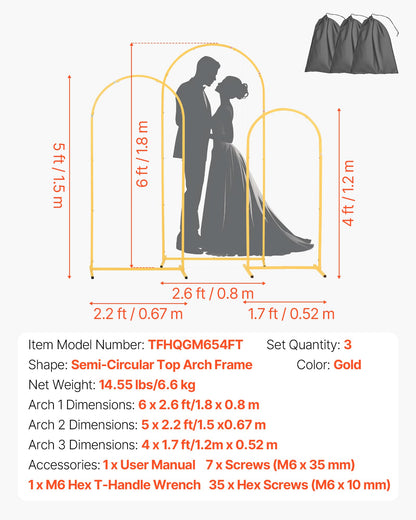 VEVOR Arch Backdrop Stand, Set of 3, 6/5/4 ft, Stable Structure, Easy Assembly, Gold Metal Arch Backdrop Stand for Wedding, Birthday Party, Graduation, Holiday Celebration, and Ceremony Decoration - BYDGMJSJT6FTQCA1U001V0 - view 8
