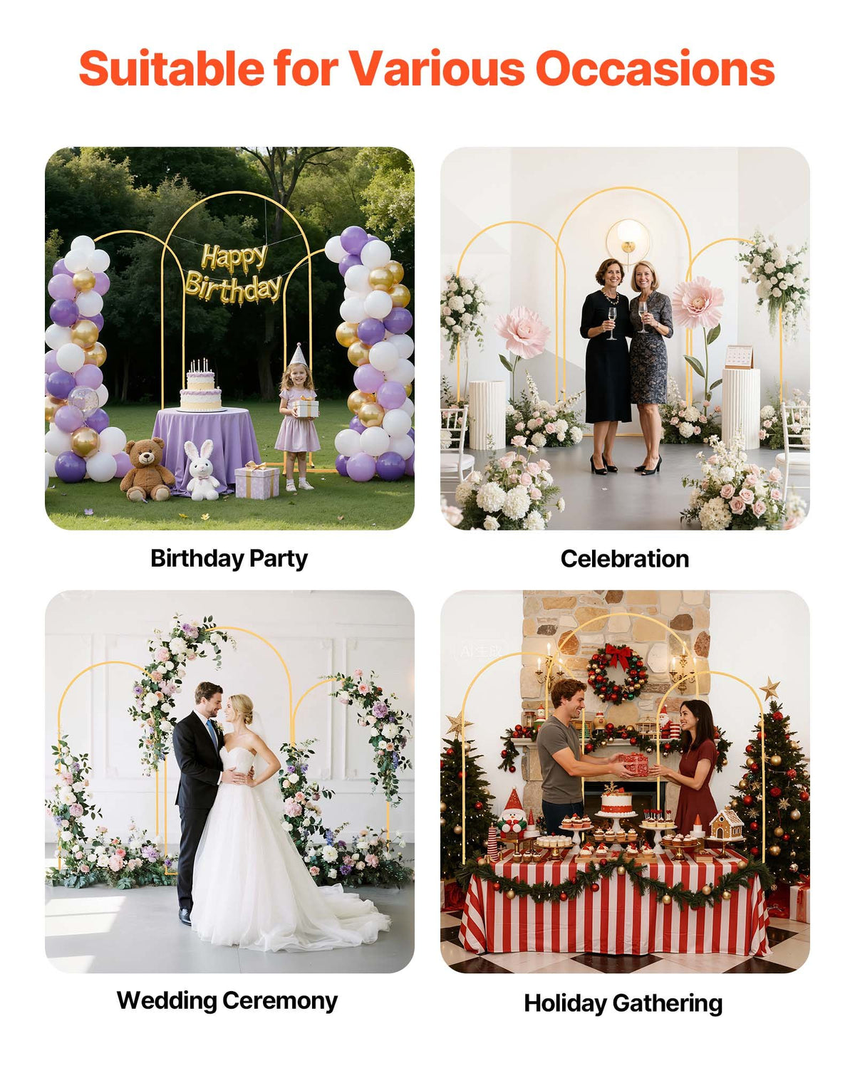 VEVOR Arch Backdrop Stand, Set of 3, 7.2/6.6/6 ft, Stable Structure, Easy Assembly, Gold Metal Arch Backdrop Stand for Wedding, Birthday Party, Graduation, Holiday Celebration, and Ceremony Decoration - BYDGMJSJT72FV0MUO001V0 - view 7