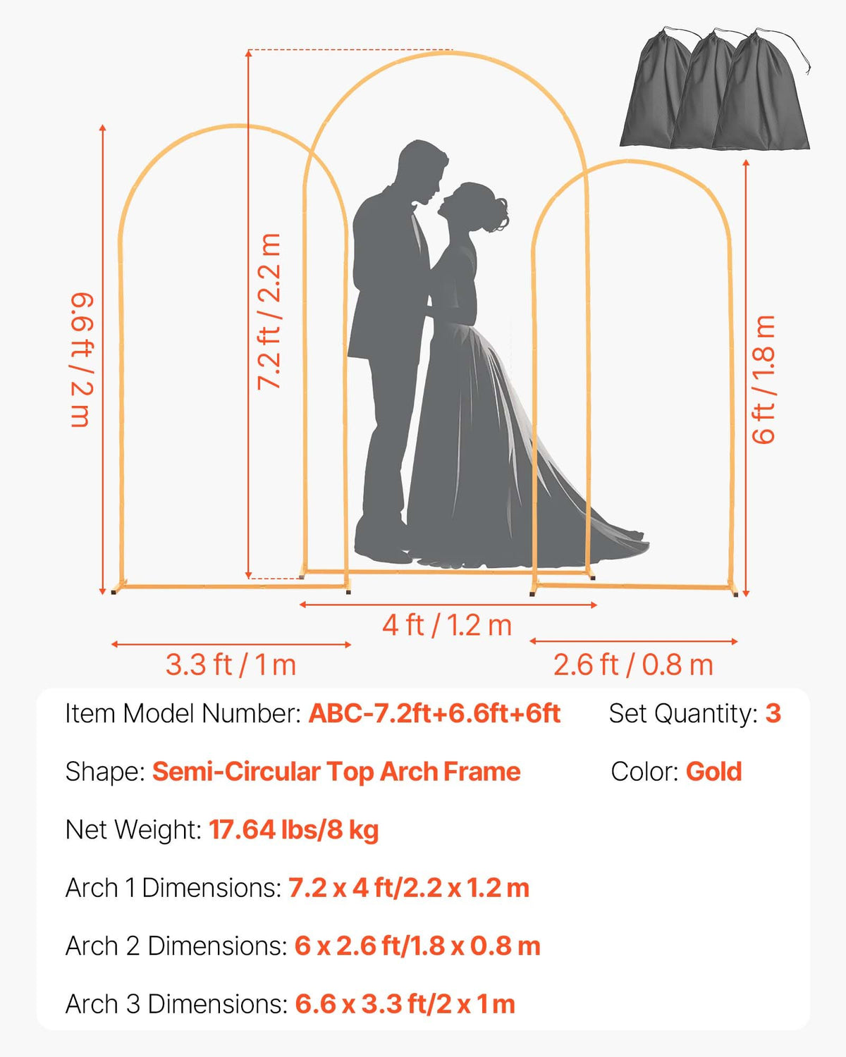 VEVOR Arch Backdrop Stand, Set of 3, 7.2/6.6/6 ft, Stable Structure, Easy Assembly, Gold Metal Arch Backdrop Stand for Wedding, Birthday Party, Graduation, Holiday Celebration, and Ceremony Decoration - BYDGMJSJT72FV0MUO001V0 - view 8
