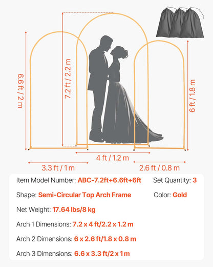 VEVOR Arch Backdrop Stand, Set of 3, 7.2/6.6/6 ft, Stable Structure, Easy Assembly, Gold Metal Arch Backdrop Stand for Wedding, Birthday Party, Graduation, Holiday Celebration, and Ceremony Decoration - BYDGMJSJT72FV0MUO001V0 - view 8