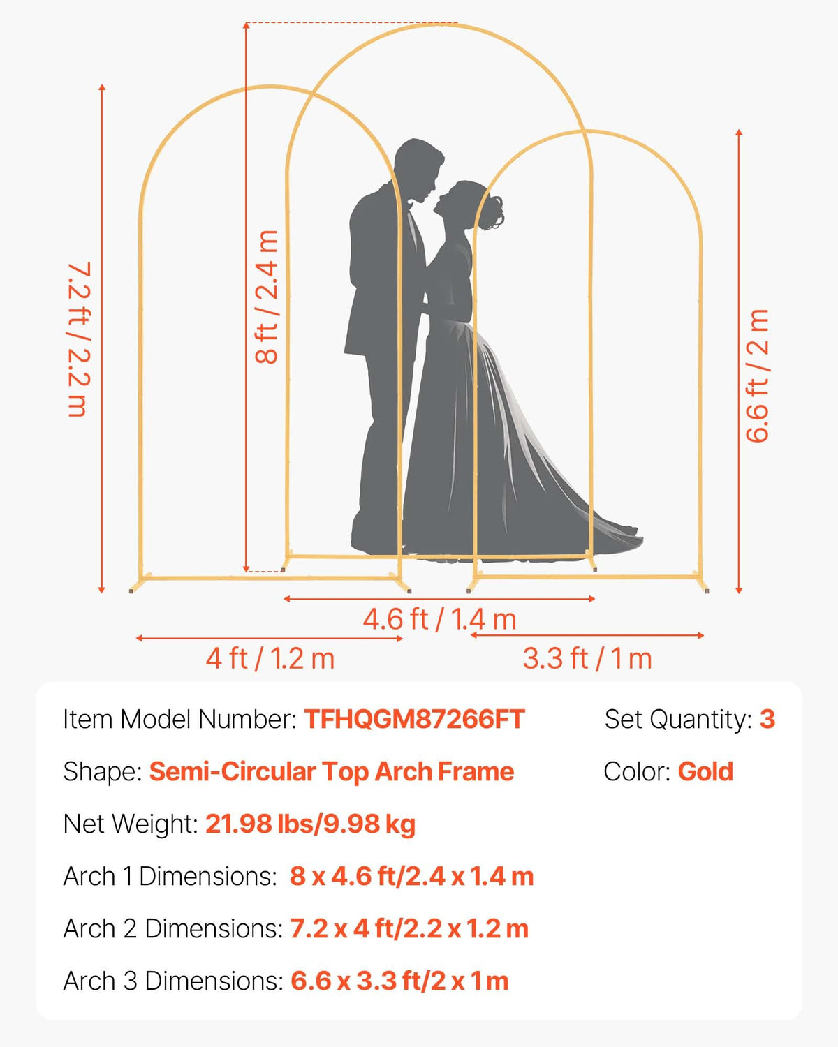 VEVOR Arch Backdrop Stand, Set of 3, 8/7.2/6.6 ft, Stable Structure, Easy Assembly, Gold Metal Arch Backdrop Stand for Wedding, Birthday Party, Graduation, Holiday Celebration, and Ceremony Decoration - BYDGMJSJT8FTVMGMA001V0 - view 8