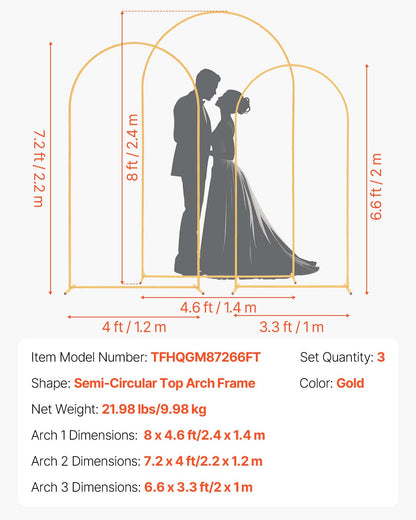 VEVOR Arch Backdrop Stand, Set of 3, 8/7.2/6.6 ft, Stable Structure, Easy Assembly, Gold Metal Arch Backdrop Stand for Wedding, Birthday Party, Graduation, Holiday Celebration, and Ceremony Decoration - BYDGMJSJT8FTVMGMA001V0 - view 8