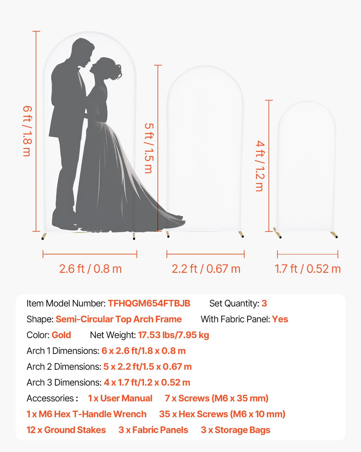 VEVOR Arch Backdrop Stand, Set of 3, 6/5/4 ft, Stable Structure, Easy Assembly, Gold Metal Arch Backdrop Stand with Cover, for Wedding, Birthday Party, Graduation, Celebration, and Ceremony Decoration - BYDGMJSJTDBZZHXXL001V0 - view 8