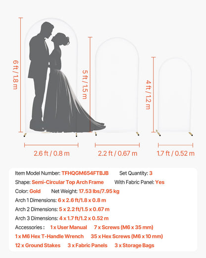 VEVOR Arch Backdrop Stand, Set of 3, 6/5/4 ft, Stable Structure, Easy Assembly, Gold Metal Arch Backdrop Stand with Cover, for Wedding, Birthday Party, Graduation, Celebration, and Ceremony Decoration - BYDGMJSJTDBZZHXXL001V0 - view 8