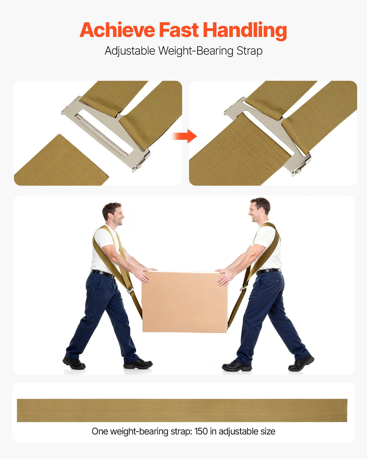 VEVOR Moving Straps, Supports up to 1000 lbs, 2-Person Lifting and Moving System with 2 Harness Straps & 1 Load-bearing Strap, Adjustable Lifting Shoulder Straps Move Furniture Appliances Mattresses - BYDJKSDTX8003WHVE001V0 - view 7