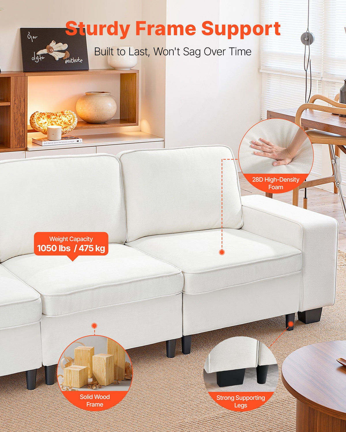 VEVOR 100-Inch Modular 3-Seater Sofa – Comfy Couch with Deep Seats & Hidden Storage, Modern Design for Living Room, Apartment, or Office, White - BYDRWSFKJZJ11COPL001V0 - view 4