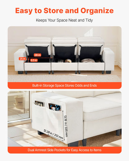 VEVOR 100-Inch Modular 3-Seater Sofa – Comfy Couch with Deep Seats & Hidden Storage, Modern Design for Living Room, Apartment, or Office, White - BYDRWSFKJZJ11COPL001V0 - view 6