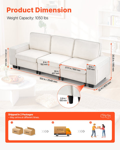 VEVOR 100-Inch Modular 3-Seater Sofa – Comfy Couch with Deep Seats & Hidden Storage, Modern Design for Living Room, Apartment, or Office, White - BYDRWSFKJZJ11COPL001V0 - view 8