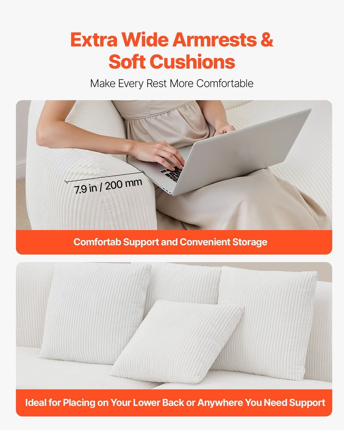 VEVOR Luxury Modern Cloud Plush Sectional Sofa, 112" Curved Modular Couch with 4 Pillows - Oversized Deep Seat Corduroy Fabric for Living Room, Apartment, Office, No Assembly Needed, White - BYDRWSFYSHMY53LUV001V0 - view 6