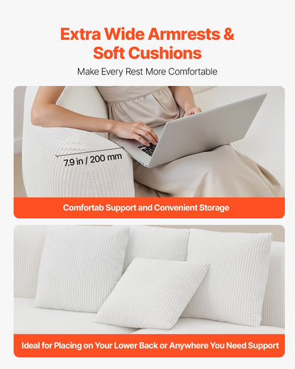 VEVOR Luxury Modern Cloud Plush Sectional Sofa, 112" Curved Modular Couch with 4 Pillows - Oversized Deep Seat Corduroy Fabric for Living Room, Apartment, Office, No Assembly Needed, White - BYDRWSFYSHMY53LUV001V0 - view 6