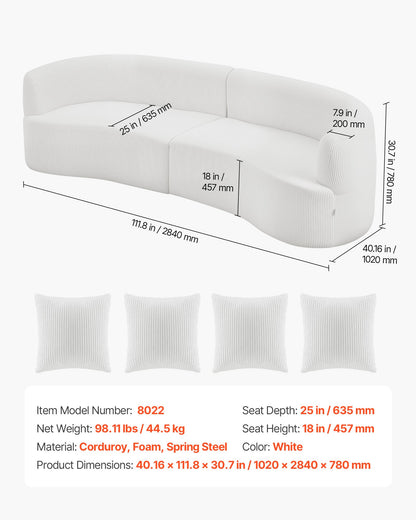 VEVOR Luxury Modern Cloud Plush Sectional Sofa, 112" Curved Modular Couch with 4 Pillows - Oversized Deep Seat Corduroy Fabric for Living Room, Apartment, Office, No Assembly Needed, White - BYDRWSFYSHMY53LUV001V0 - view 8