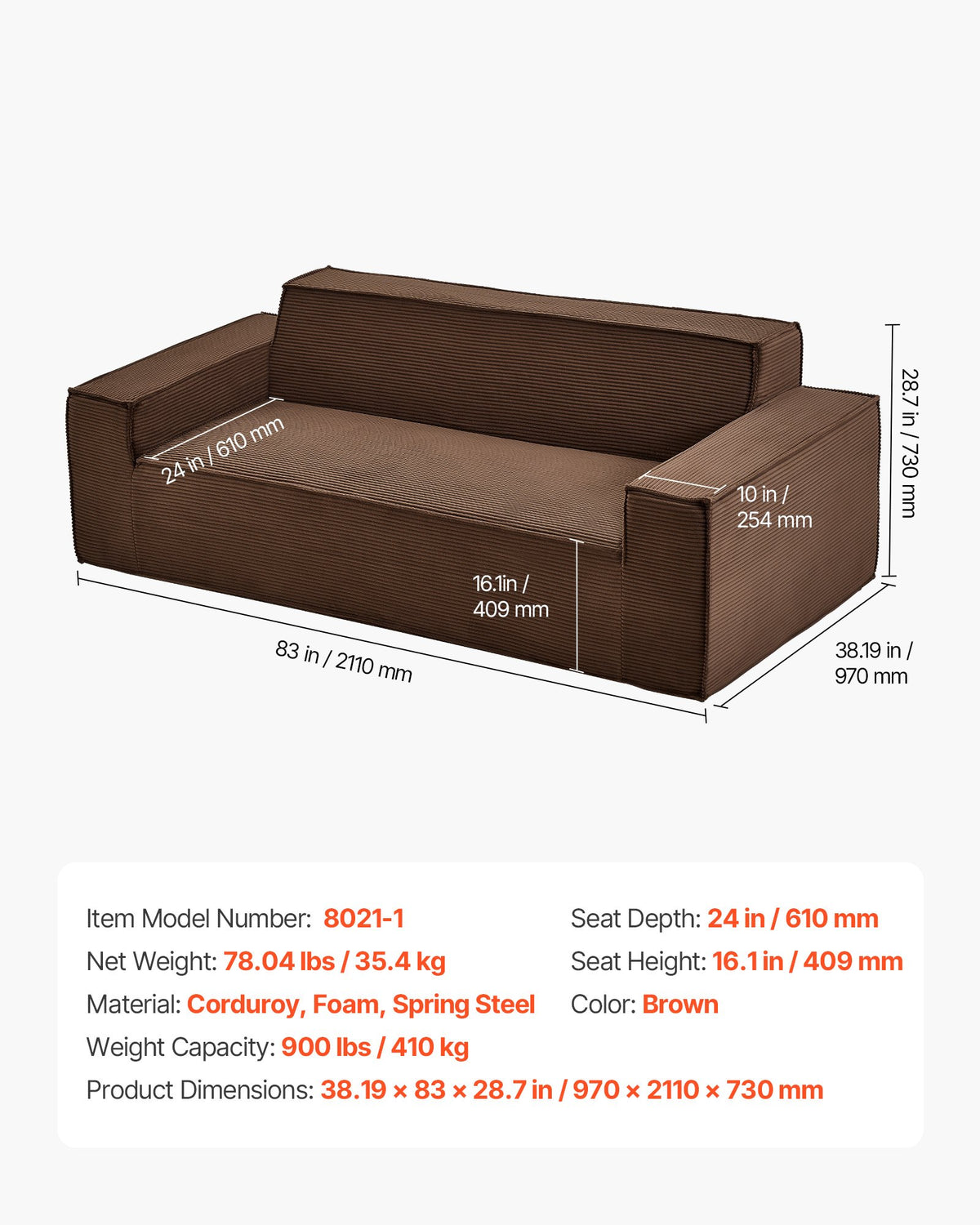 VEVOR 3-Seater Sofa in a Box, 83-Inch No Assembly Corduroy Couch with Memory Foam, Deep Seats for Living Room, Apartment, or Office, Brown - BYDRWSFYSHMZBAL5W001V0 - view 8