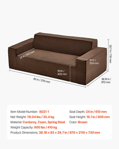 VEVOR 3-Seater Sofa in a Box, 83-Inch No Assembly Corduroy Couch with Memory Foam, Deep Seats for Living Room, Apartment, or Office, Brown - BYDRWSFYSHMZBAL5W001V0 - view 8