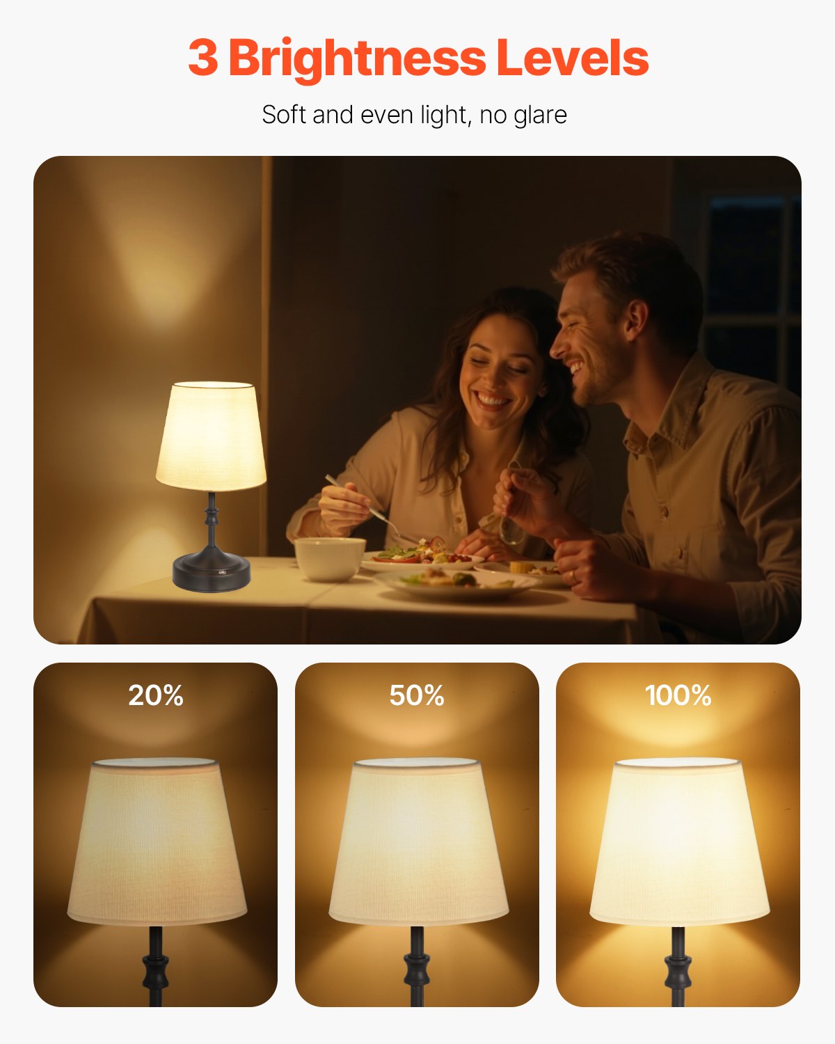 VEVOR Cordless Table Lamp, 5200mAh Built-in Rechargeable Battery Small Desk Lamp, 3-Level Brightness, Fabric Shade, 2700-3000K Color Temperature, Table Light for Restaurant, Bedroom, Bars, Black - BYDZTD595910CXIOT001V9 - view 3
