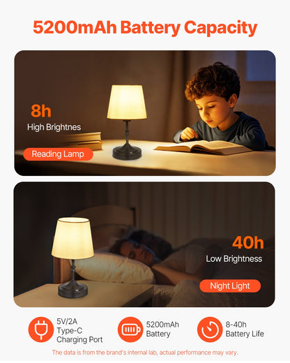 VEVOR Cordless Table Lamp, 5200mAh Built-in Rechargeable Battery Small Desk Lamp, 3-Level Brightness, Fabric Shade, 2700-3000K Color Temperature, Table Light for Restaurant, Bedroom, Bars, Black - BYDZTD595910CXIOT001V9 - view 5