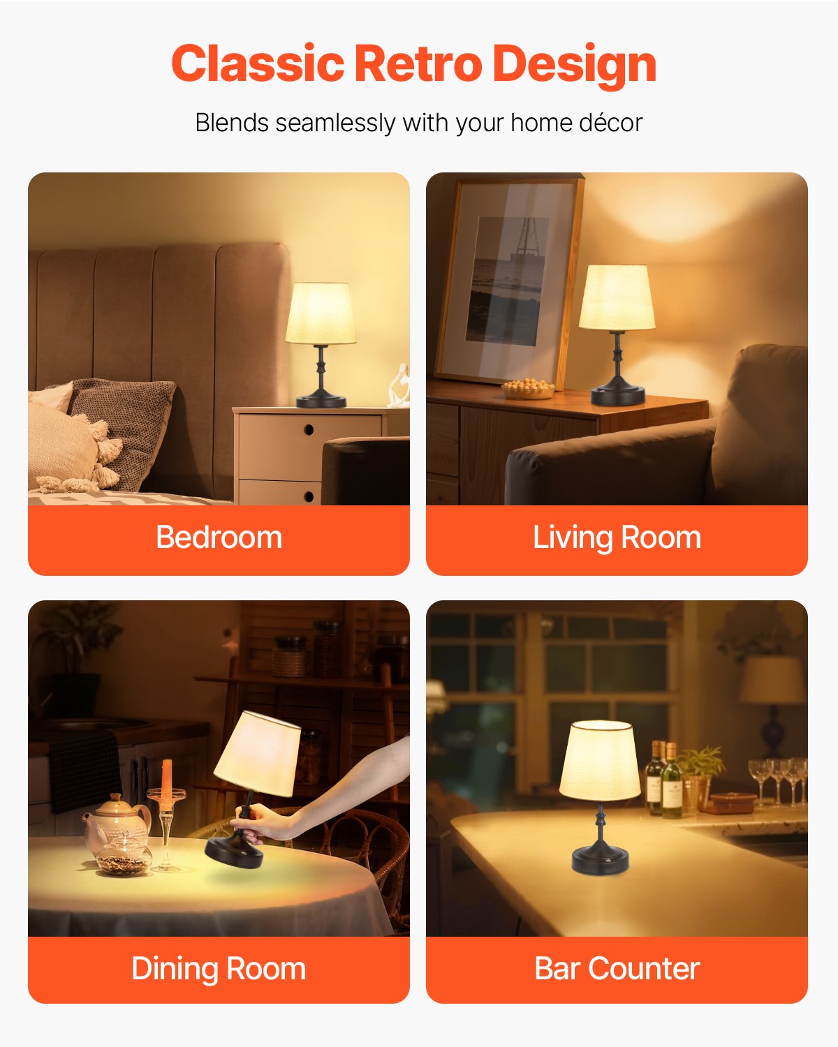 VEVOR Cordless Table Lamp, 5200mAh Built-in Rechargeable Battery Small Desk Lamp, 3-Level Brightness, Fabric Shade, 2700-3000K Color Temperature, Table Light for Restaurant, Bedroom, Bars, Black - BYDZTD595910CXIOT001V9 - view 7